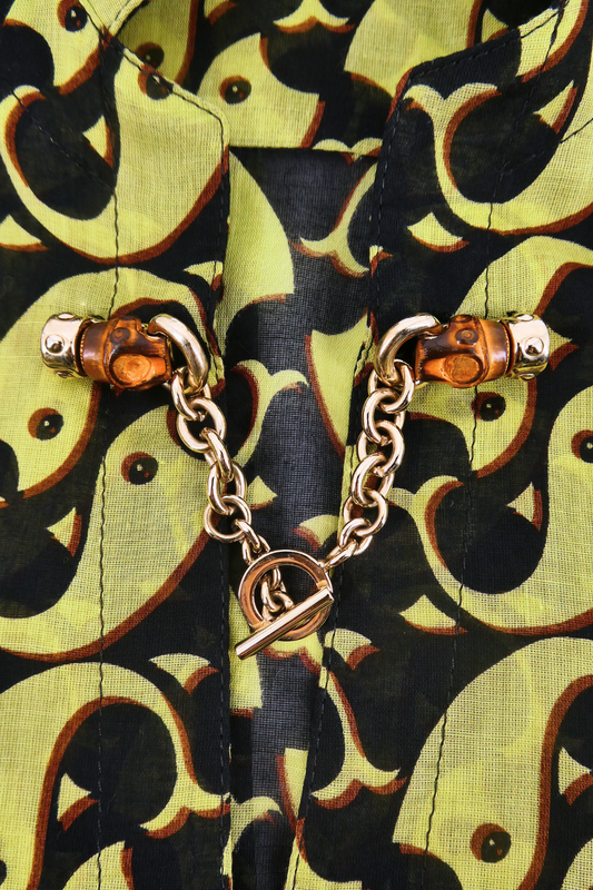 2006 Gucci Chartreuse Fish Monogram Print Blouse