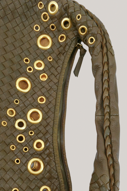 Bottega Veneta Olive Intrecciato Woven Goatskin Leather Rivet Hobo Bag
