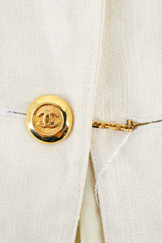 2019 Chanel Beige Linen Blazer with Gold CC Logo Buttons
