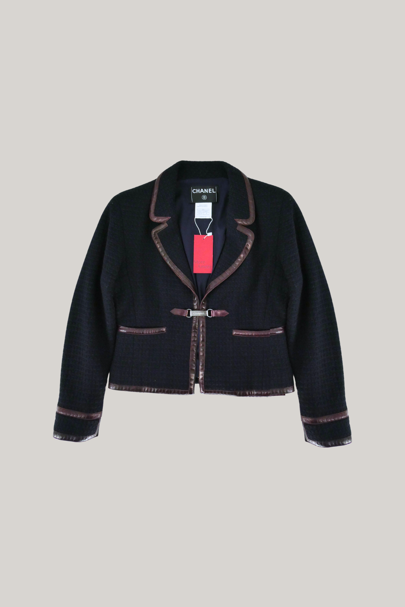 2000 Autumn Chanel Navy Leather Trim Jacket (FR 38)