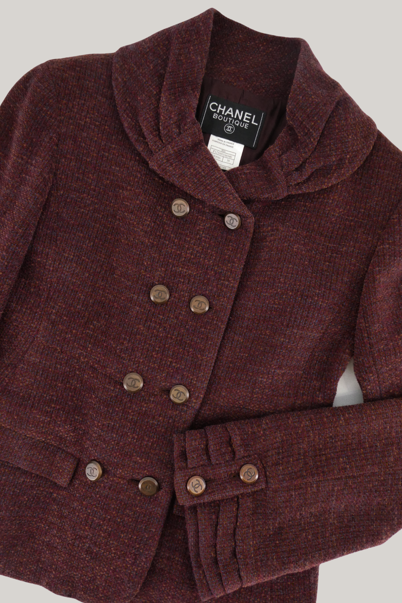 1998 Autumn Chanel Burgundy Tweed Skirt Set