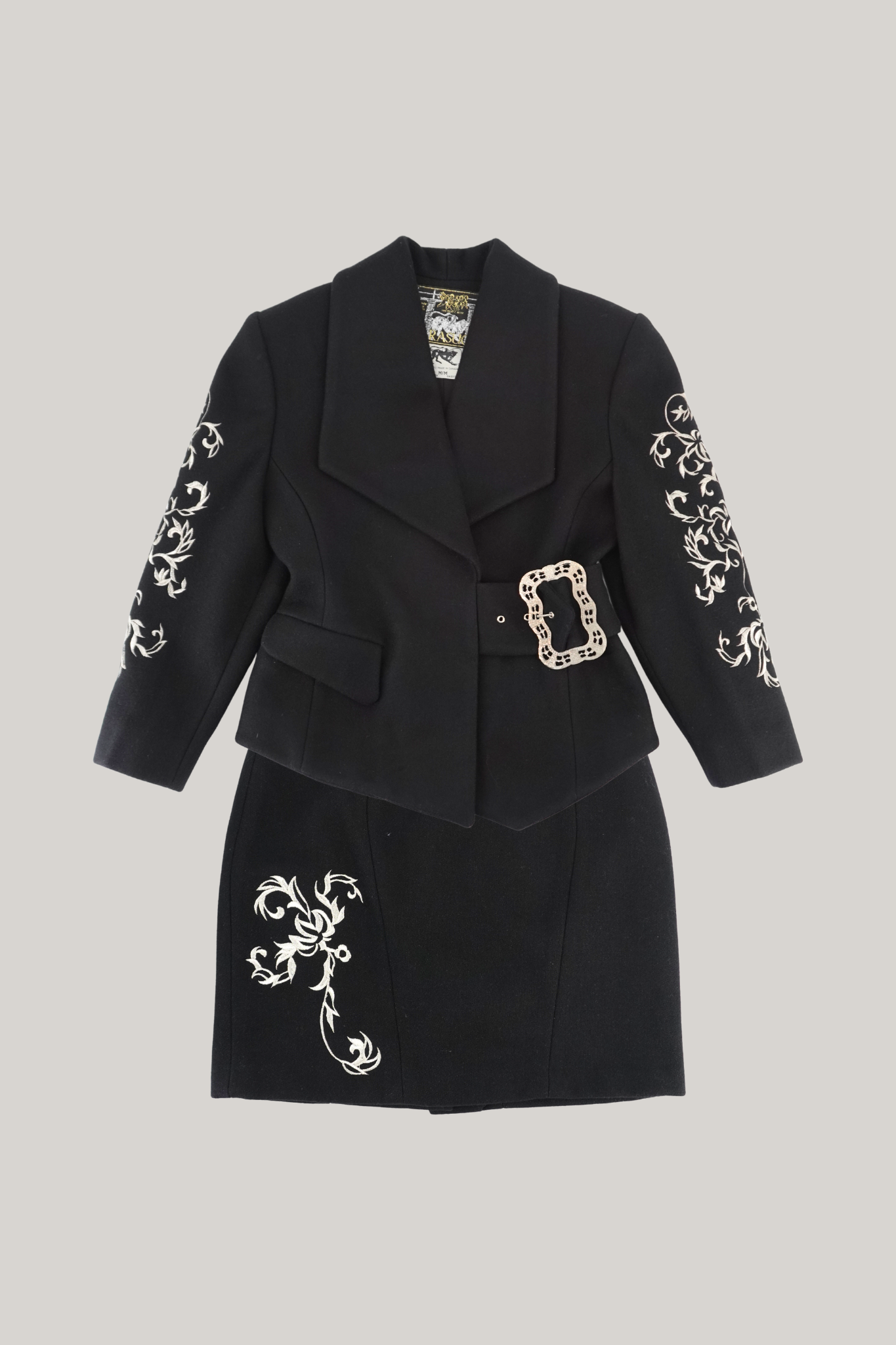 Parasuco Black Wool Silver Embroidered Jacket & Skirt Set (M)