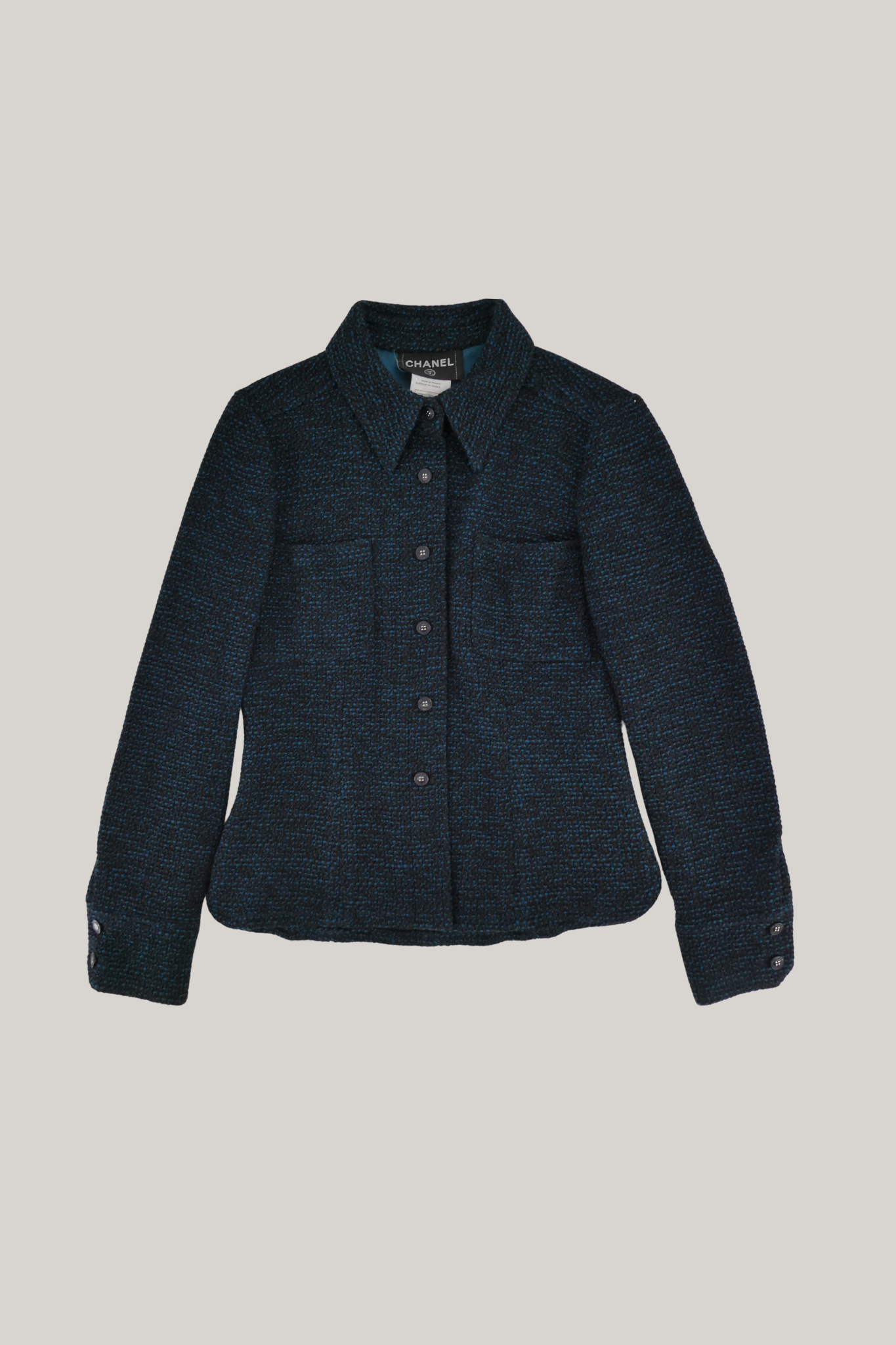 2002 Chanel Single Breasted Black & Blue Tweed Jacket
