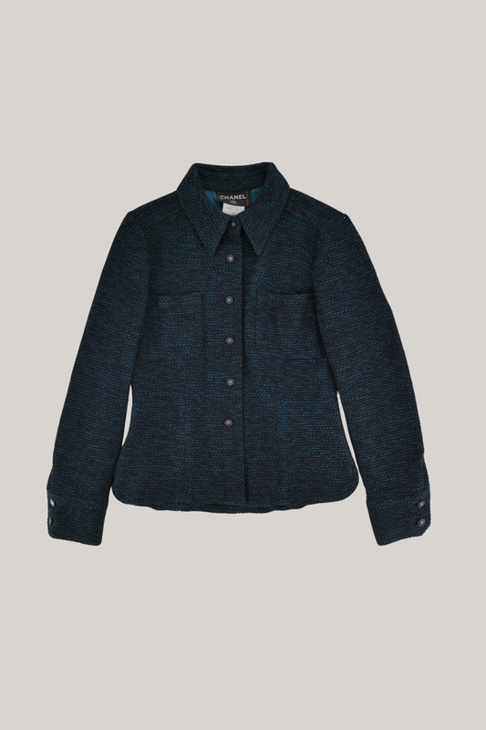 2002 Chanel Single Breasted Black & Blue Tweed Jacket