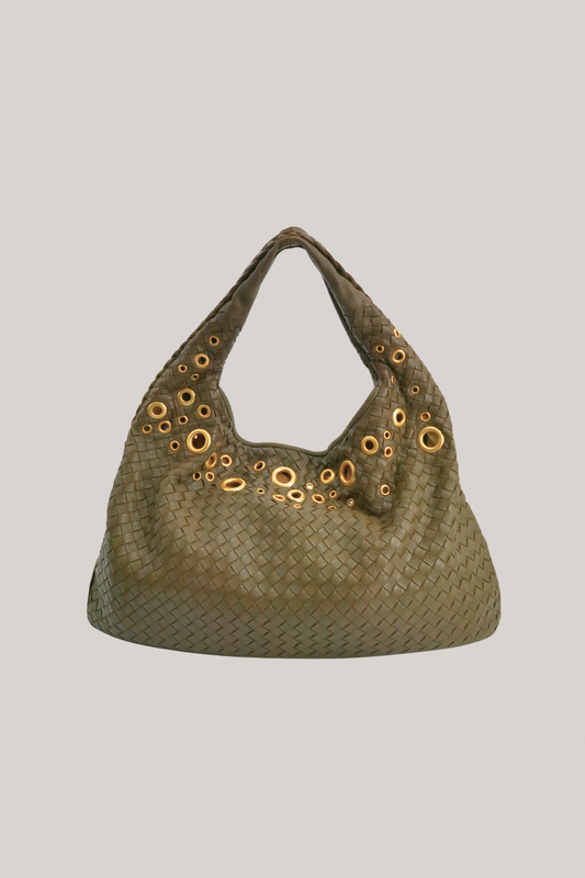 Bottega Veneta Olive Intrecciato Woven Goatskin Leather Rivet Hobo Bag