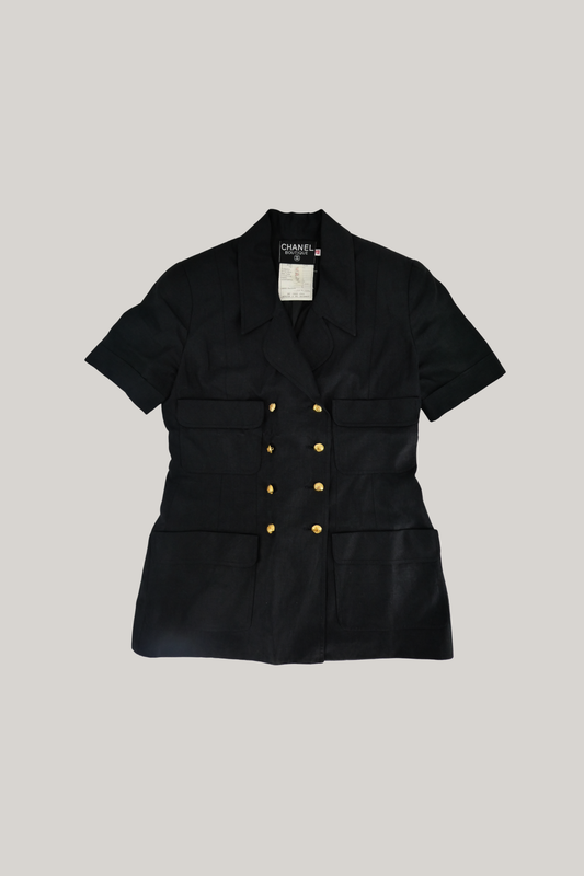 90's Chanel Black Linen Double-Breasted Jacket (FR 40)