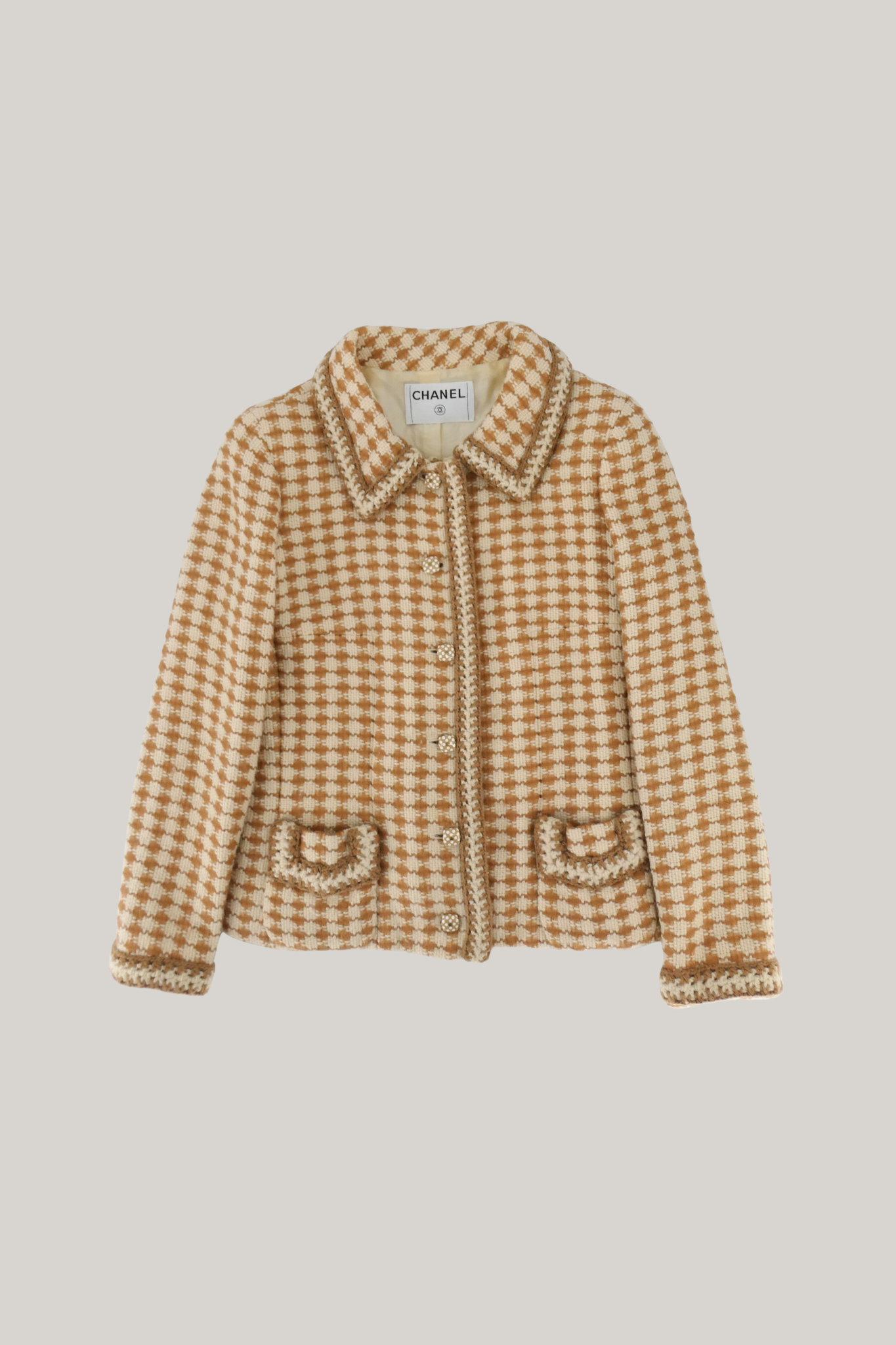 2000 Fall / Winter Chanel Beige and Cream Houndstooth Tweed Jacket