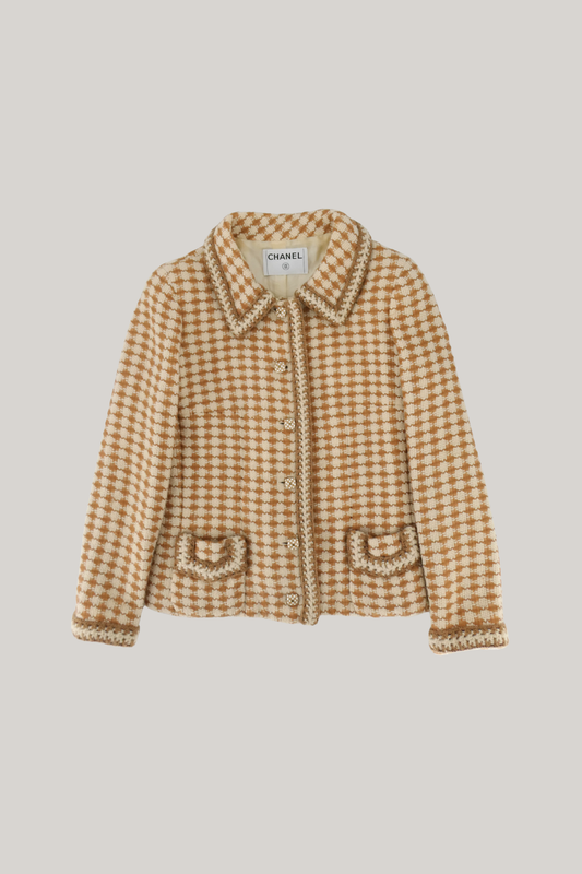 2000 Fall / Winter Chanel Beige and Cream Houndstooth Tweed Jacket