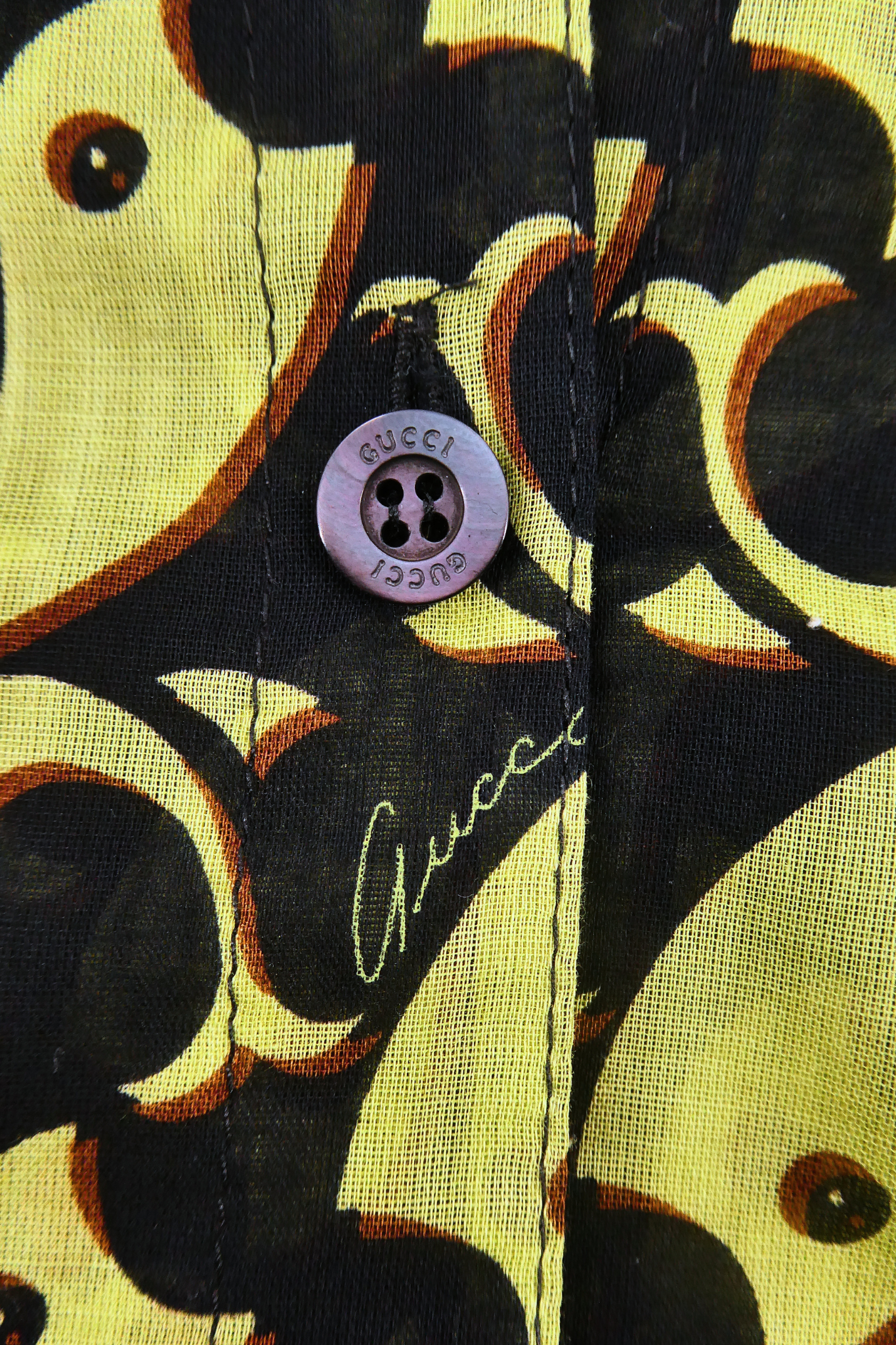 2006 Gucci Chartreuse Fish Monogram Print Blouse