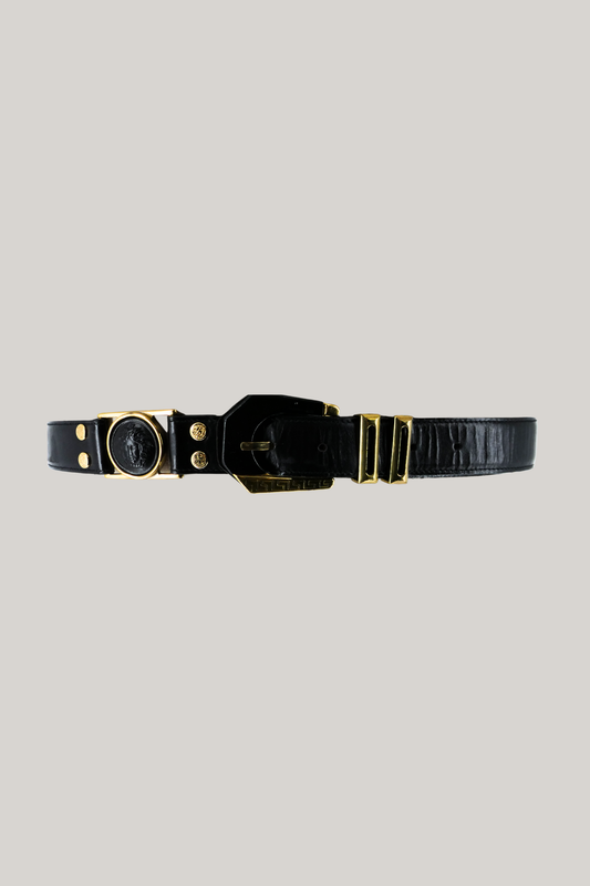 Gianni Versace Black Leather Medusa Belt with Gold Hardware