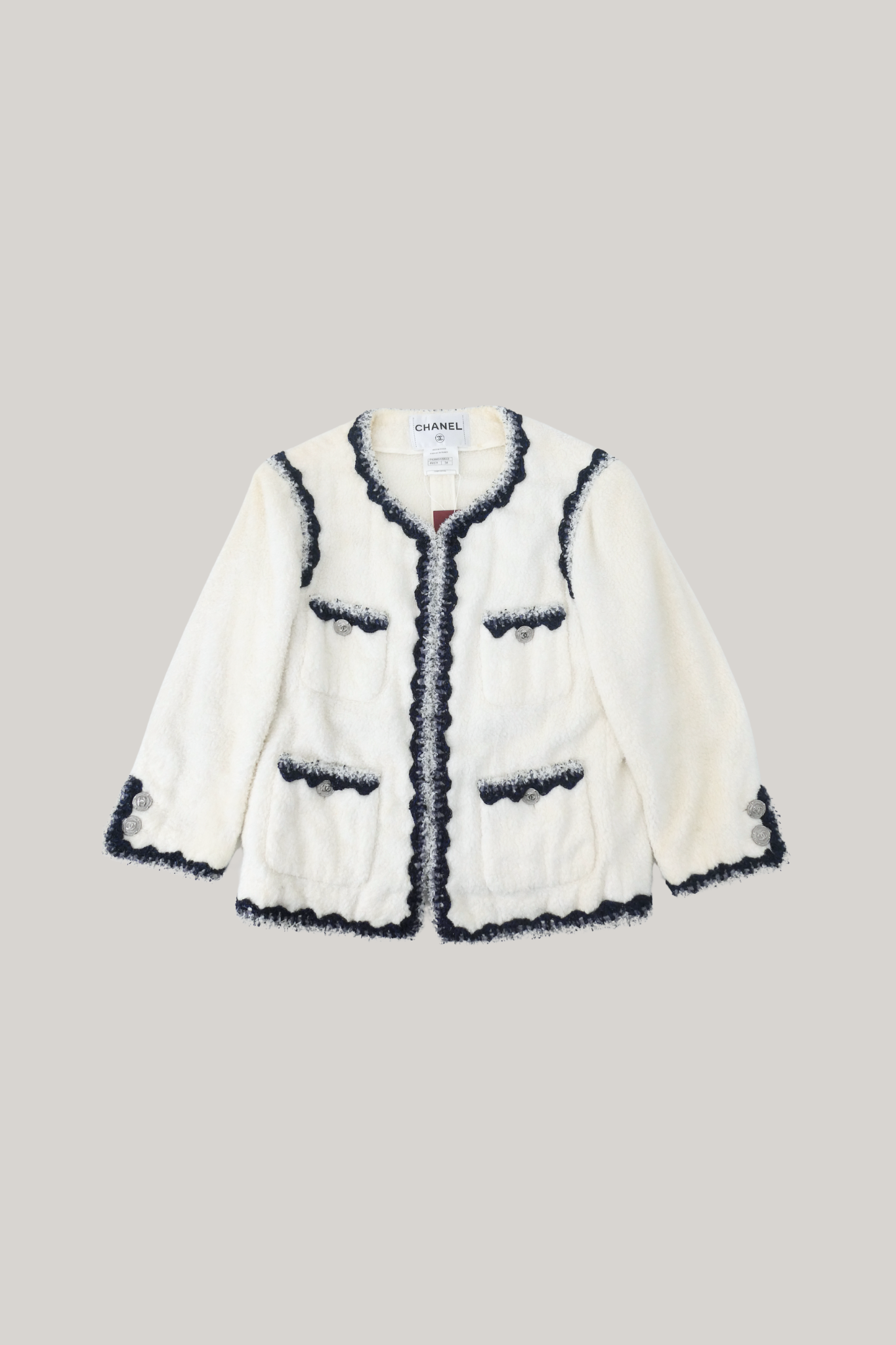 2012 Cruise Chanel White & Navy Trim Classic Jacket (FR 34)