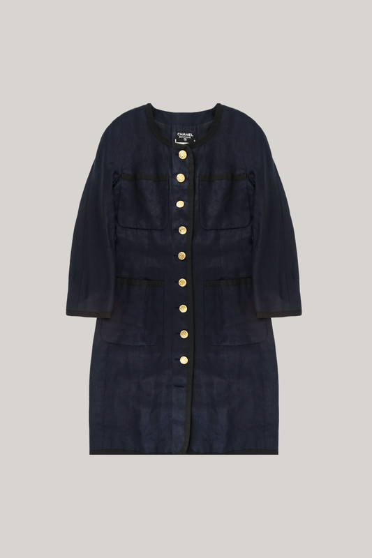 Chanel Boutique Navy Button-Front Dress with Gold CC Logo Buttons  (FR 44)