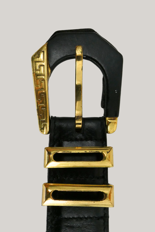 Gianni Versace Black Leather Medusa Belt with Gold Hardware