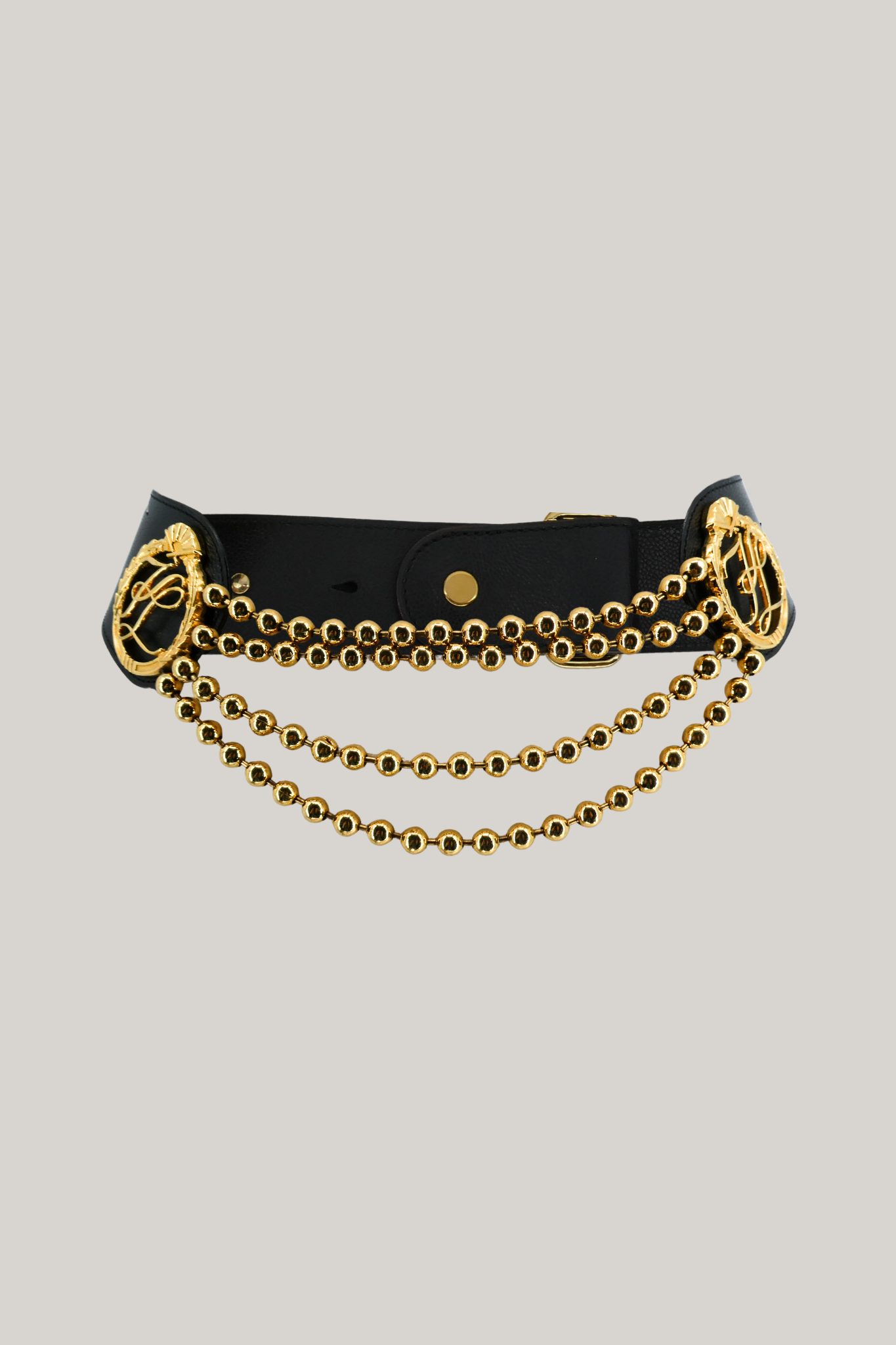 Vintage Karl Lagerfeld Black Leather Chain Belt with Monogram Medallions