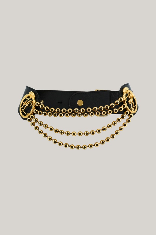 Vintage Karl Lagerfeld Black Leather Chain Belt with Monogram Medallions