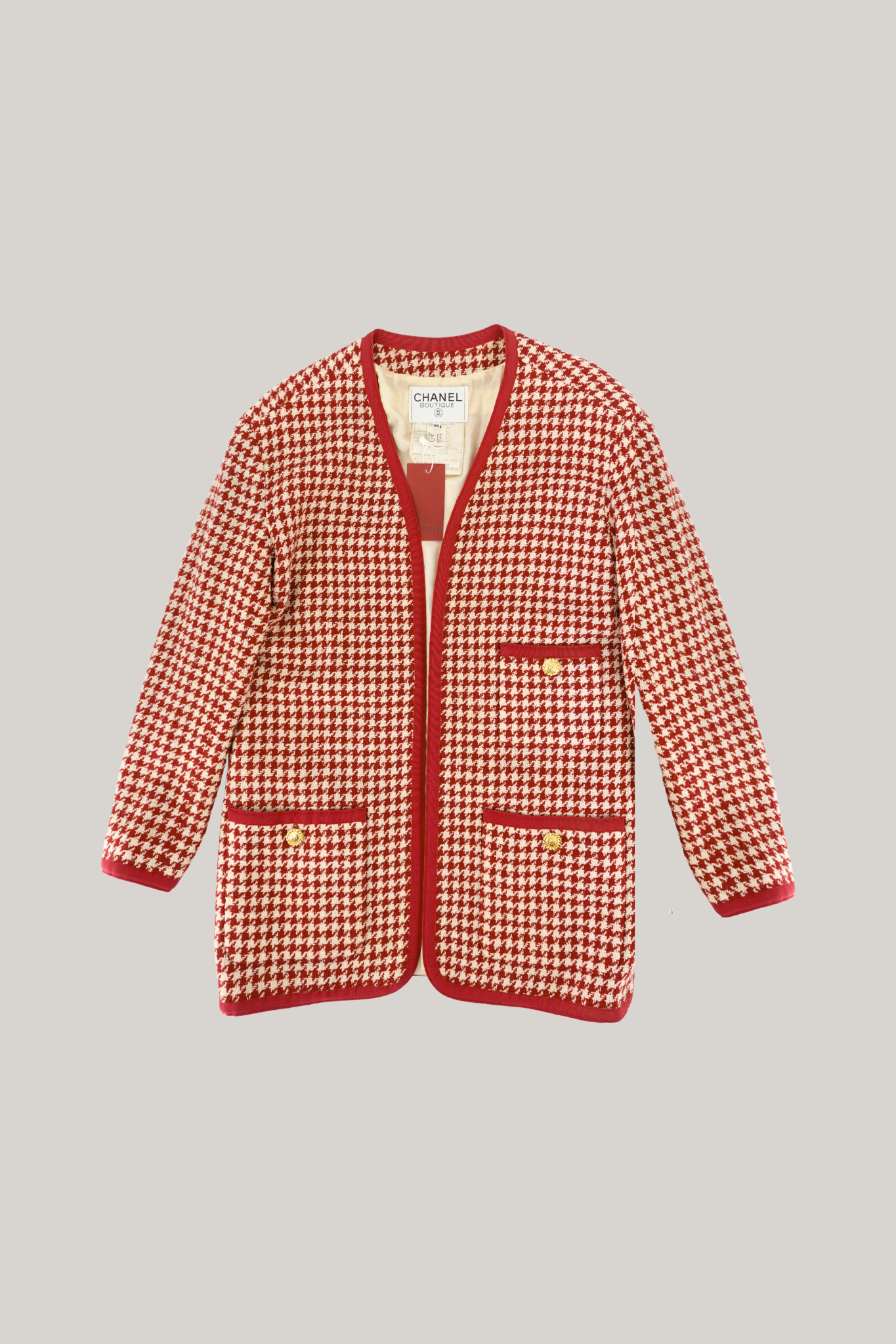 Vintage Chanel Red Houndstooth Cardigan (FR 36)