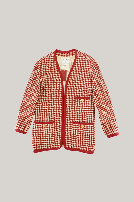 Vintage Chanel Red Houndstooth Cardigan (FR 36)