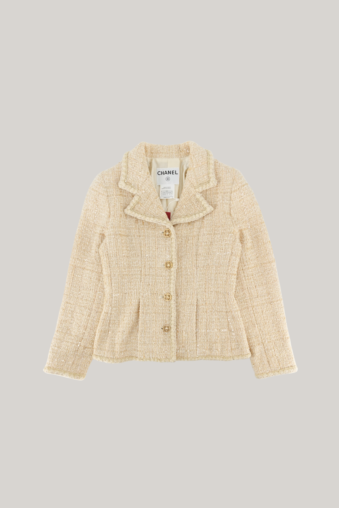 2001 Autumn Chanel Beige Tweed and Sequin Jacket (FR 34)