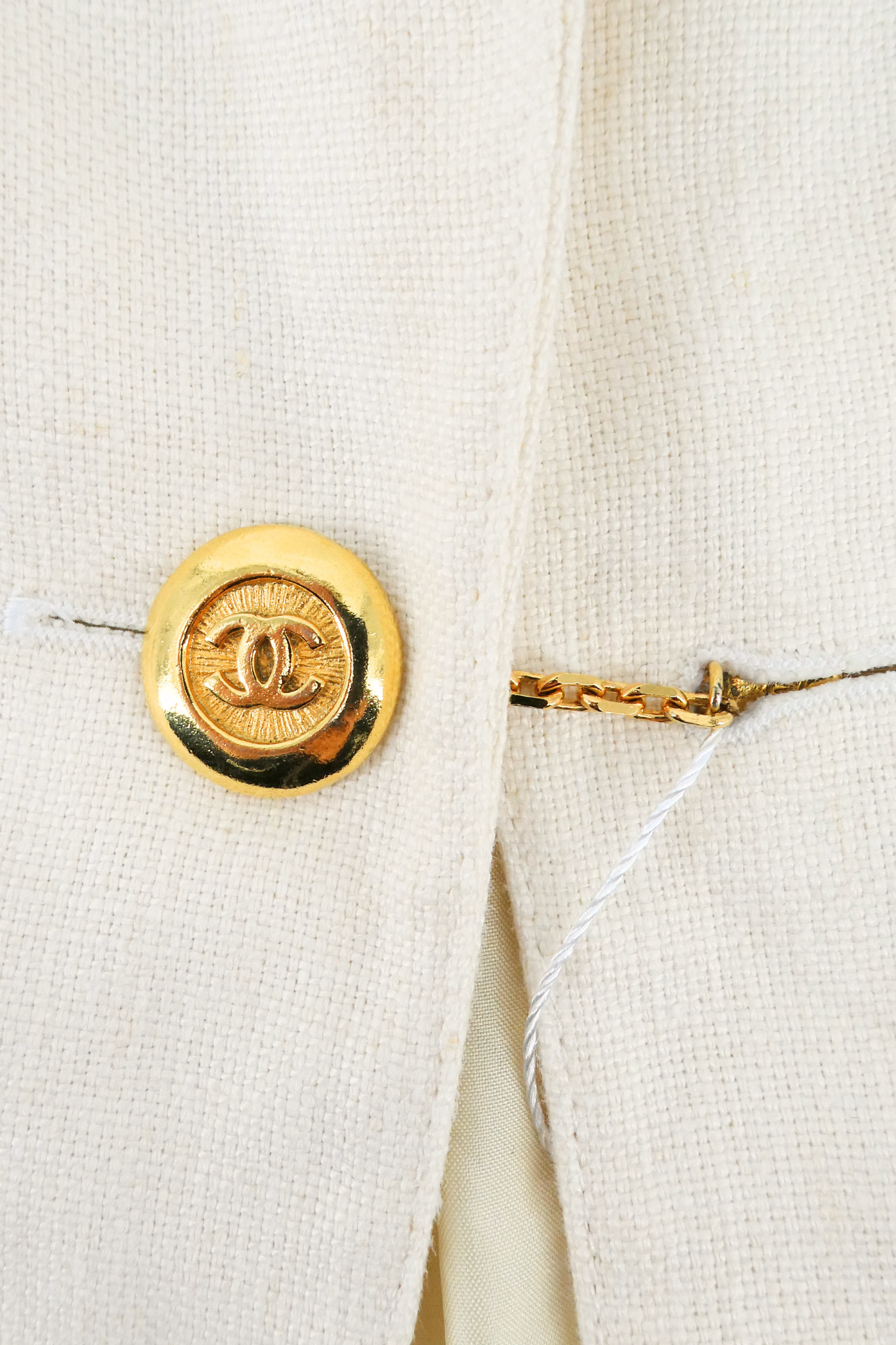 2019 Chanel Beige Linen Blazer with Gold CC Logo Buttons