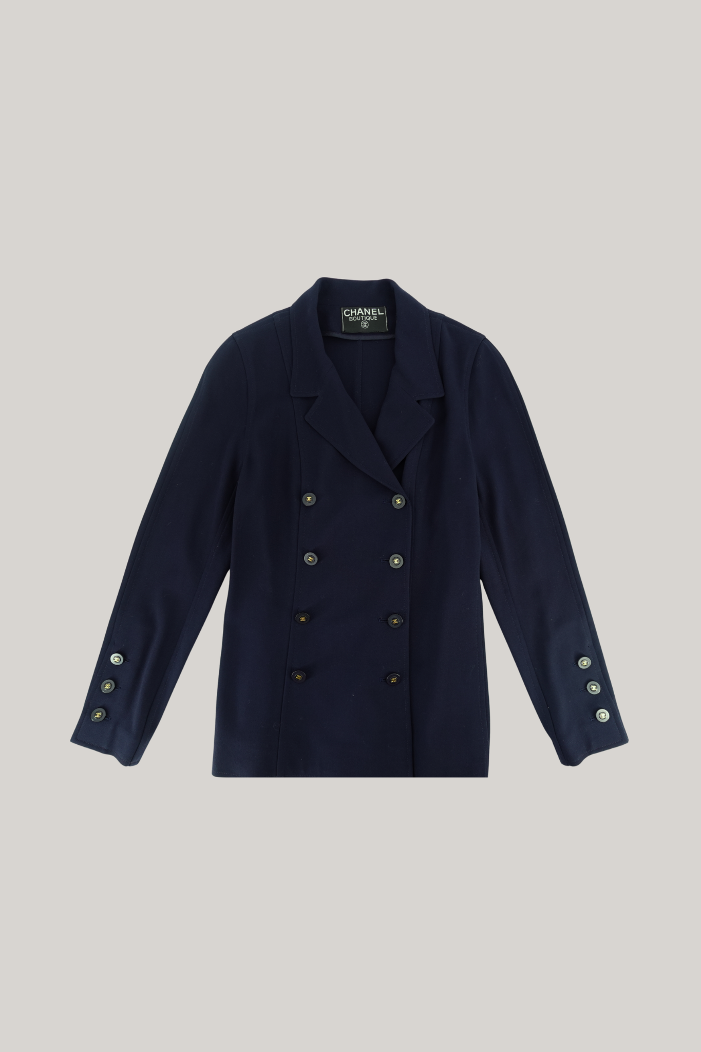 Chanel Boutique Navy Double-Breasted Blazer with CC Logo Buttons