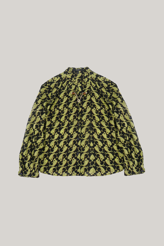 2006 Gucci Chartreuse Fish Monogram Print Blouse