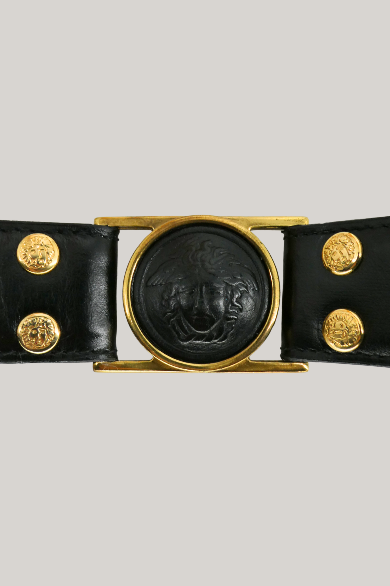 Gianni Versace Black Leather Medusa Belt with Gold Hardware