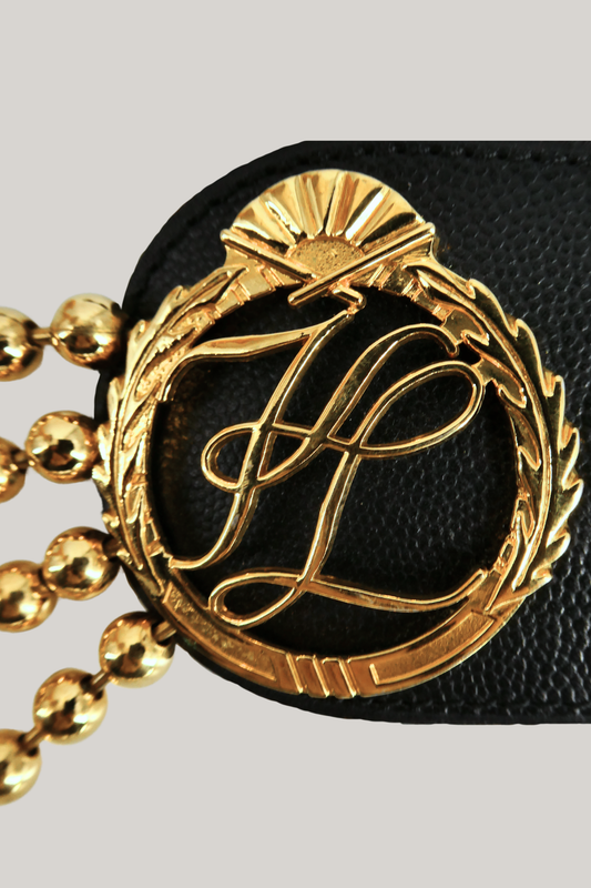 Vintage Karl Lagerfeld Black Leather Chain Belt with Monogram Medallions