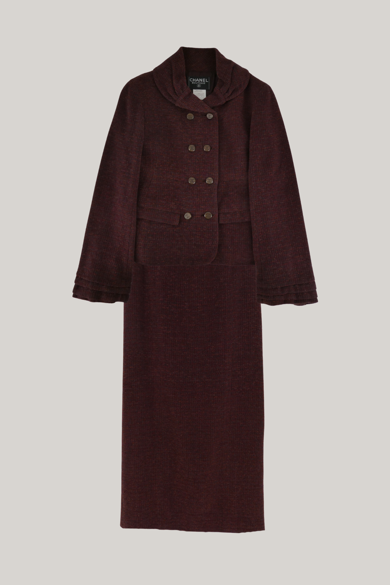 1998 Autumn Chanel Burgundy Tweed Skirt Set