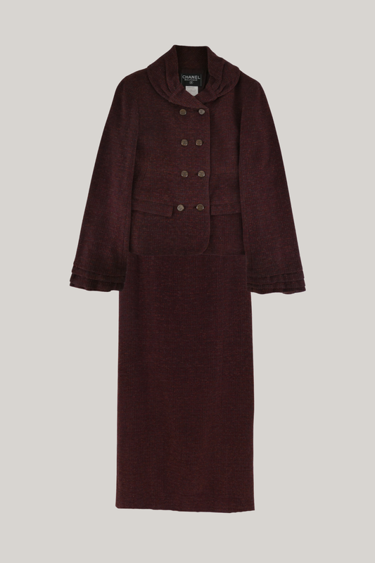 1998 Autumn Chanel Burgundy Tweed Skirt Set