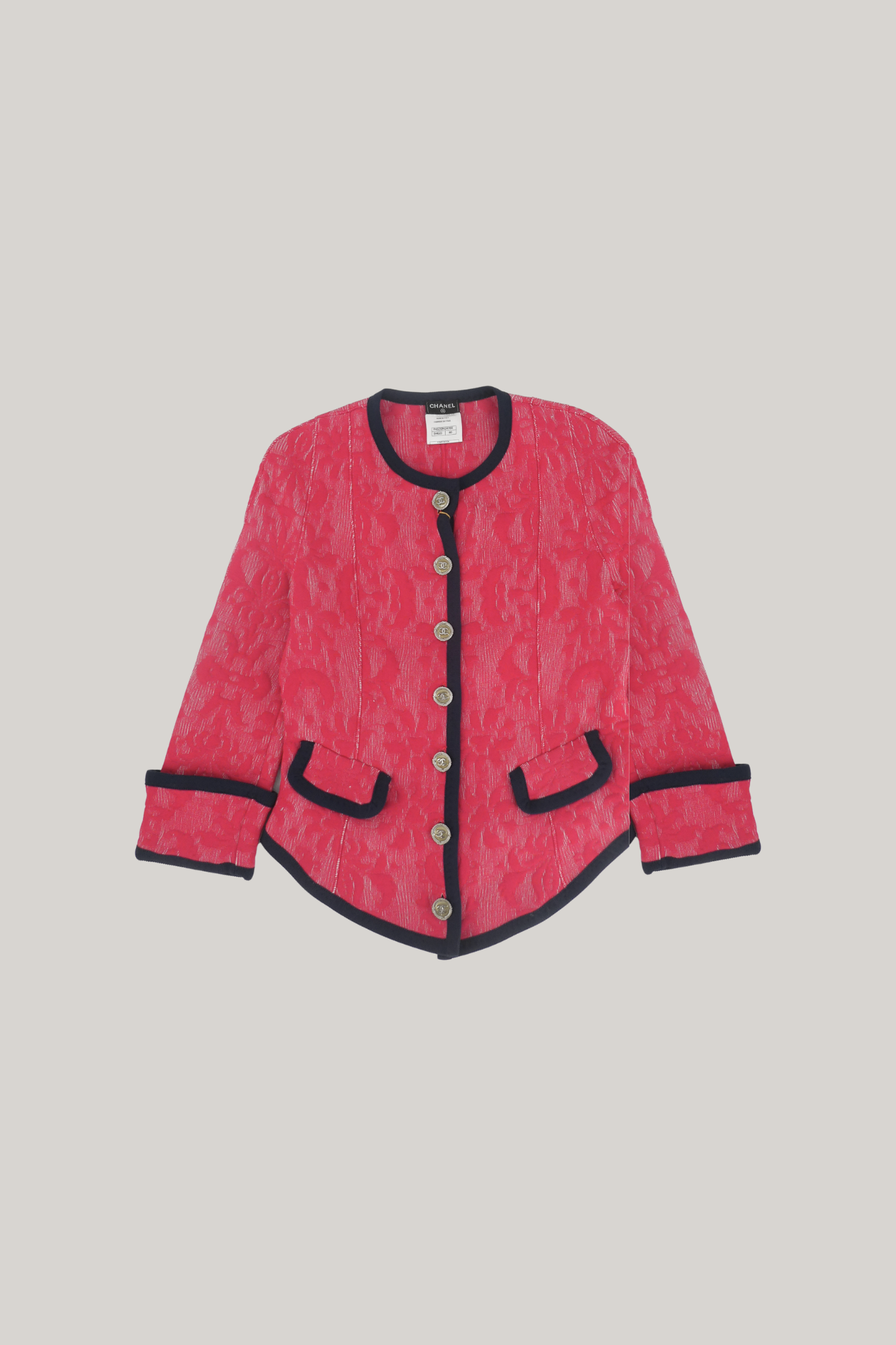 2013 Spring/Summer Chanel Fuchsia Floral Brocade Jacket with Navy Trim (FR 40)