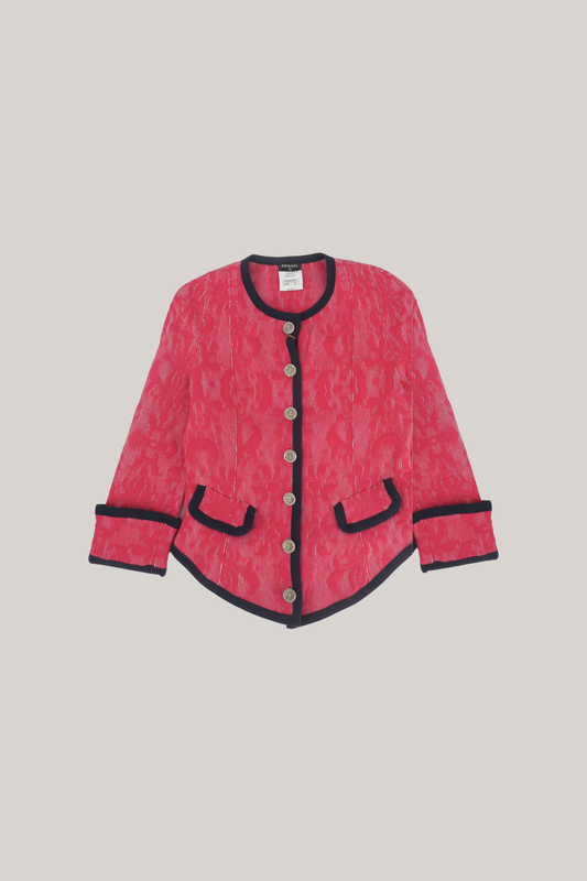2013 Spring/Summer Chanel Fuchsia Floral Brocade Jacket with Navy Trim (FR 40)