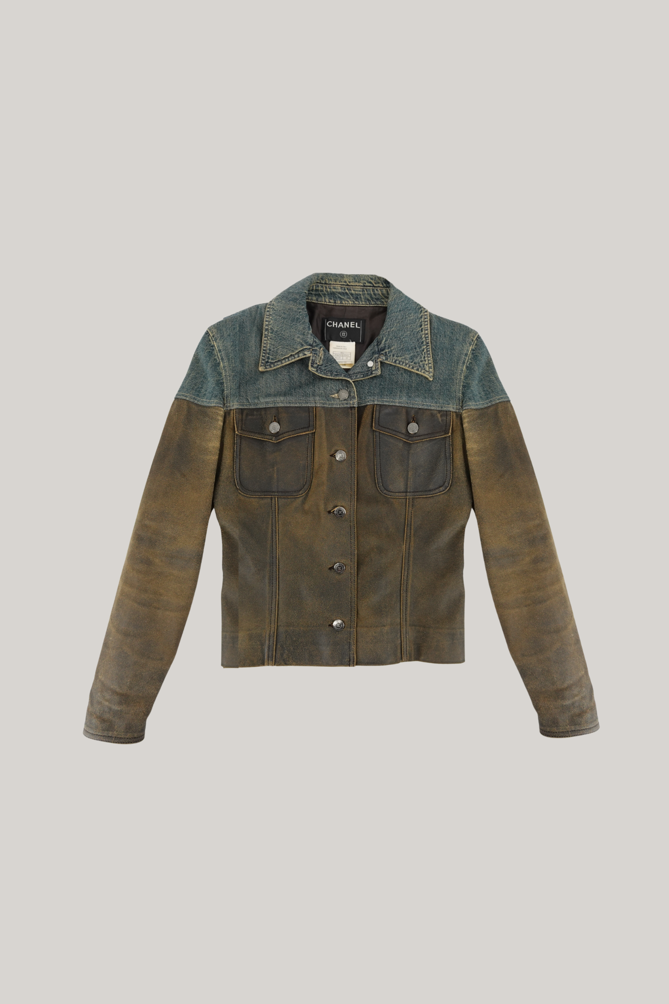 2000 Autumn Chanel Vintage Denim and Leather Jacket (FR 38)