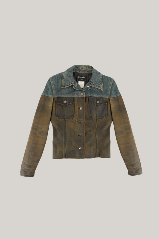2000 Autumn Chanel Vintage Denim and Leather Jacket (FR 38)