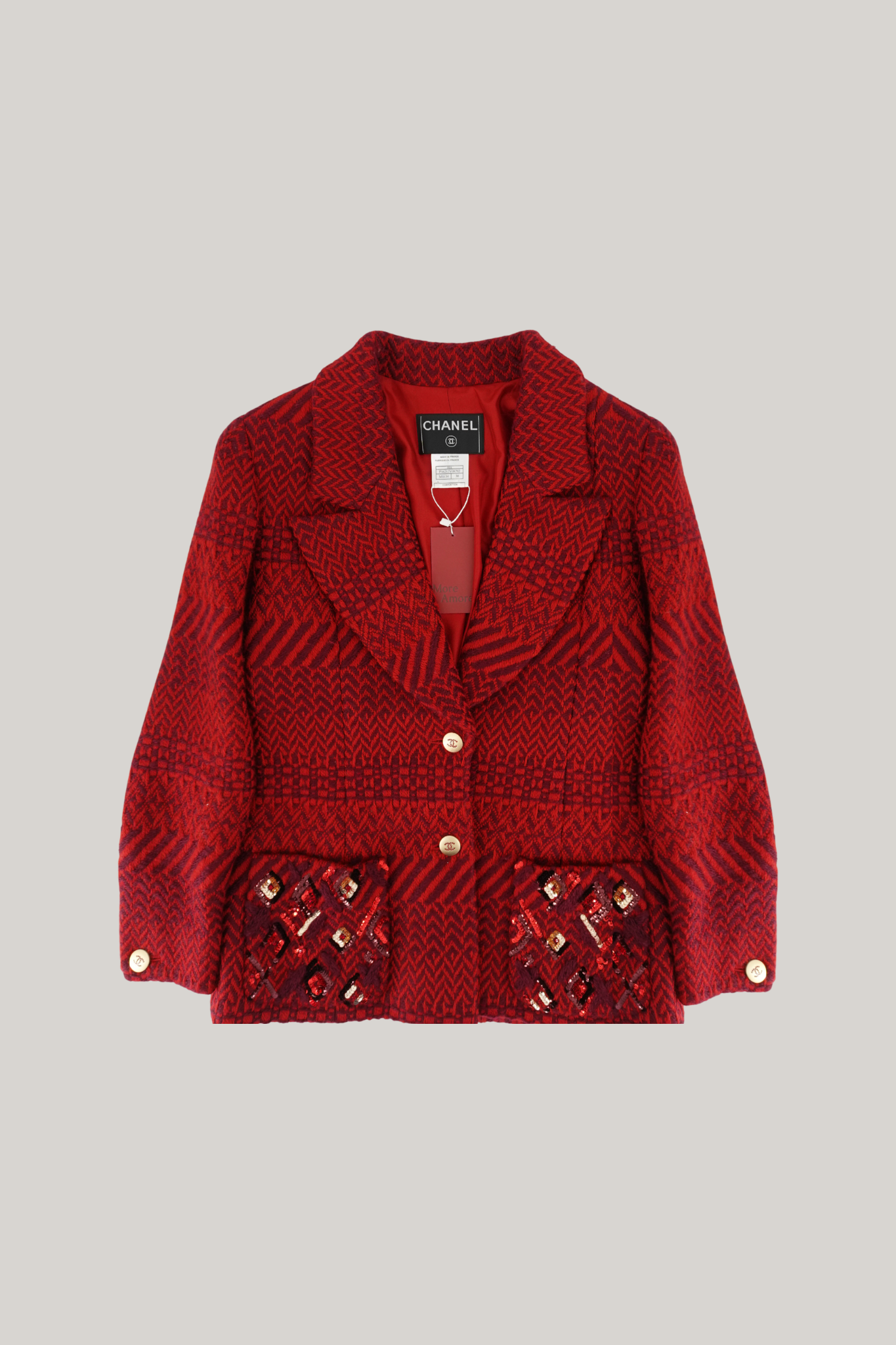 2000 Autumn Chanel Red Jacquard Embellished Jacket ( FR 38)
