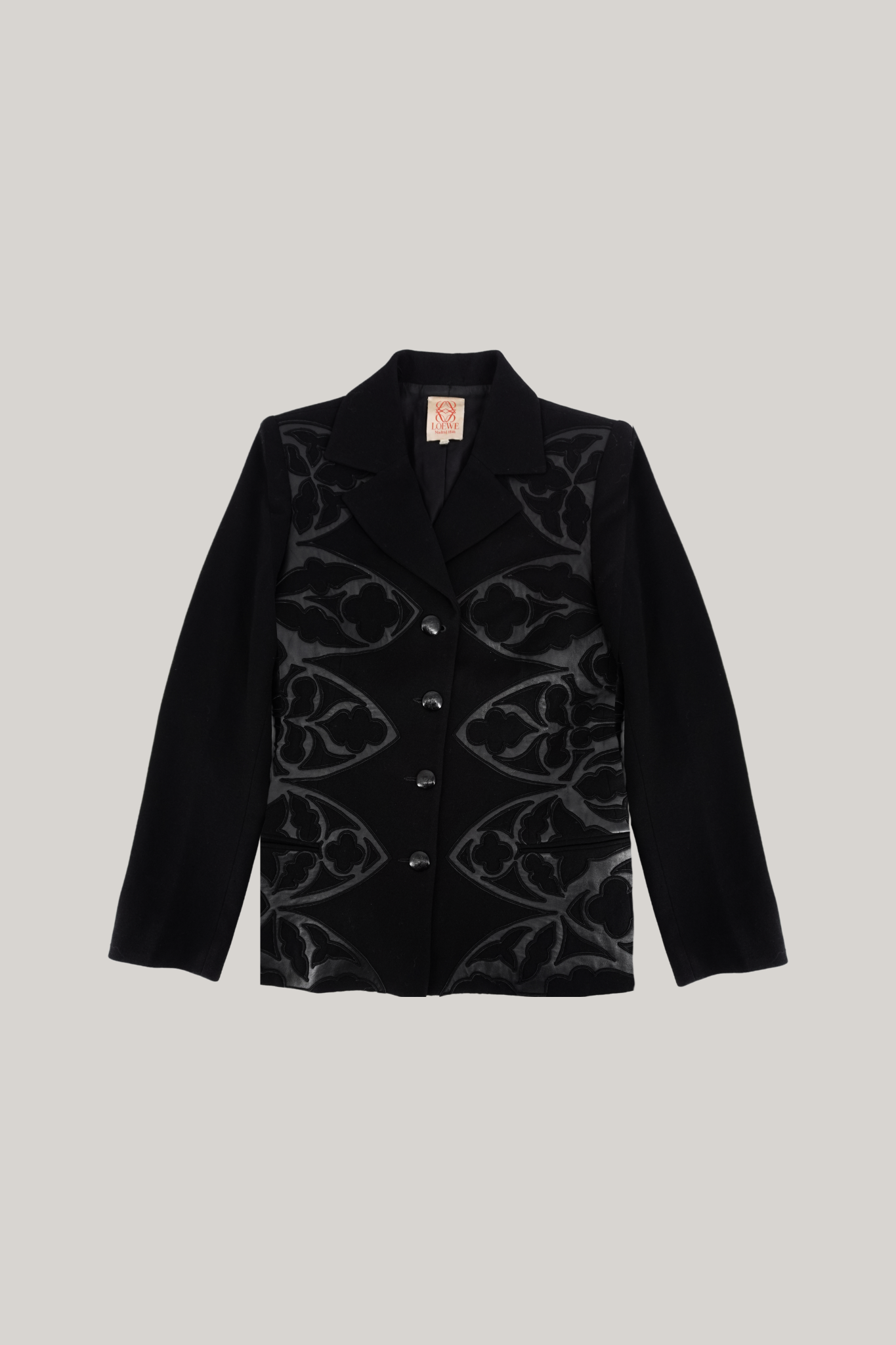 Loewe Vintage 1980s Black Wool Leather Appliqué Blazer (FR 42)