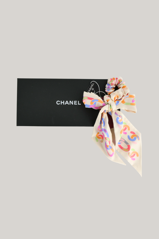 2022 Chanel Cream/Multicolor Silk Bow Hair Tie