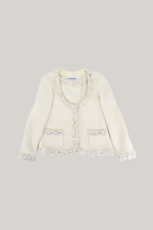 2012 Pre-Fall Chanel Ivory Silk Tweed Crystal-Embellished Jacket (FR 38)