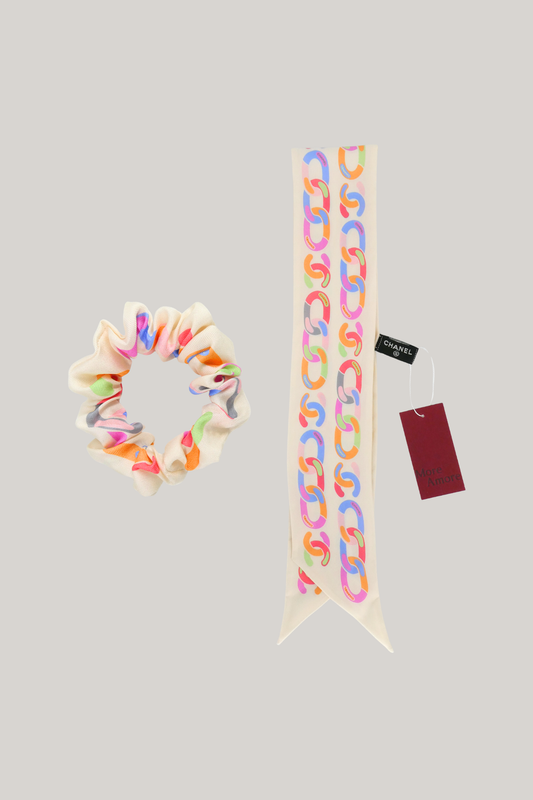 2022 Chanel Cream/Multicolor Silk Bow Hair Tie
