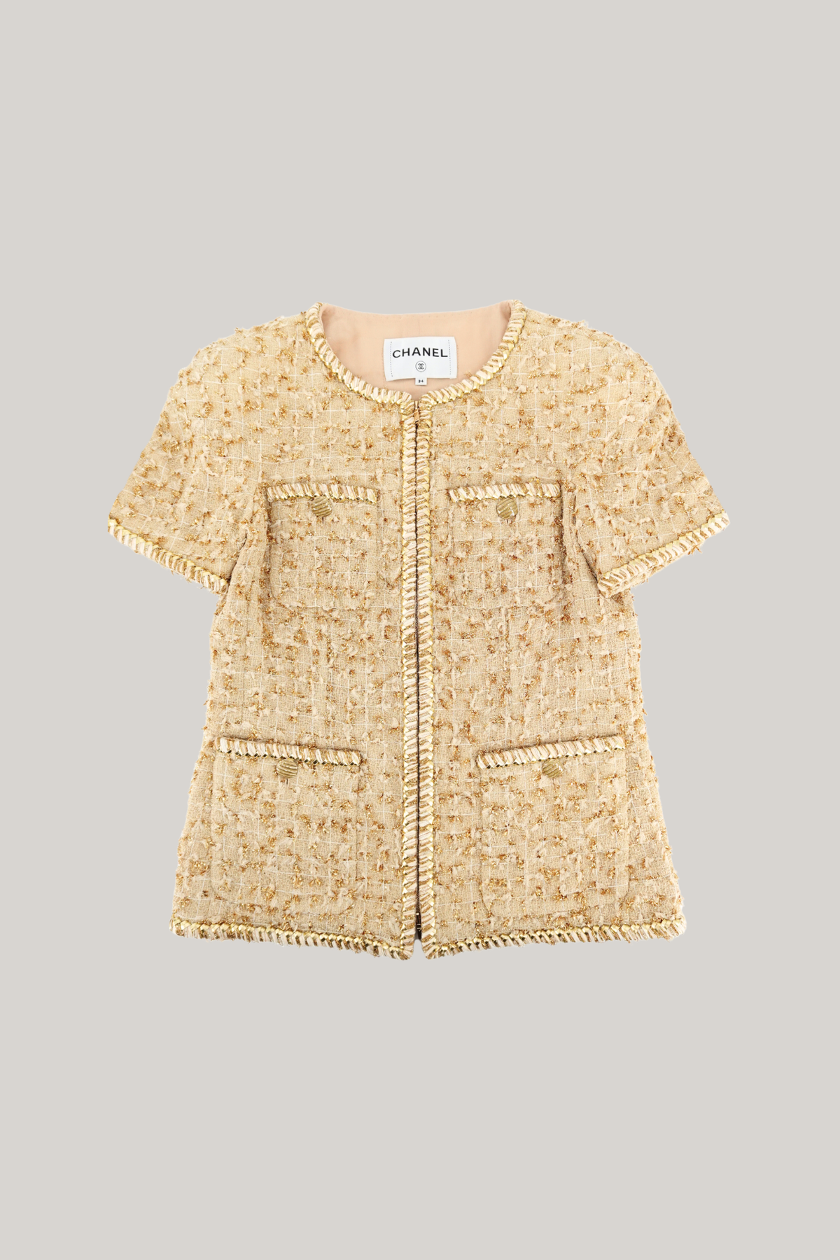 2019 Chanel Gold Short Sleeve Tweed Jacket (FR 34)