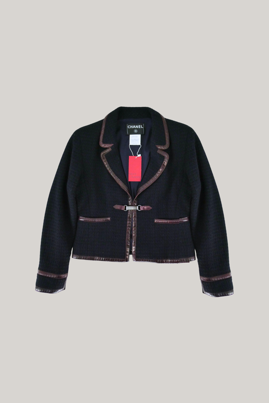 2000 Autumn Chanel Navy Leather Trim Jacket (FR 38)