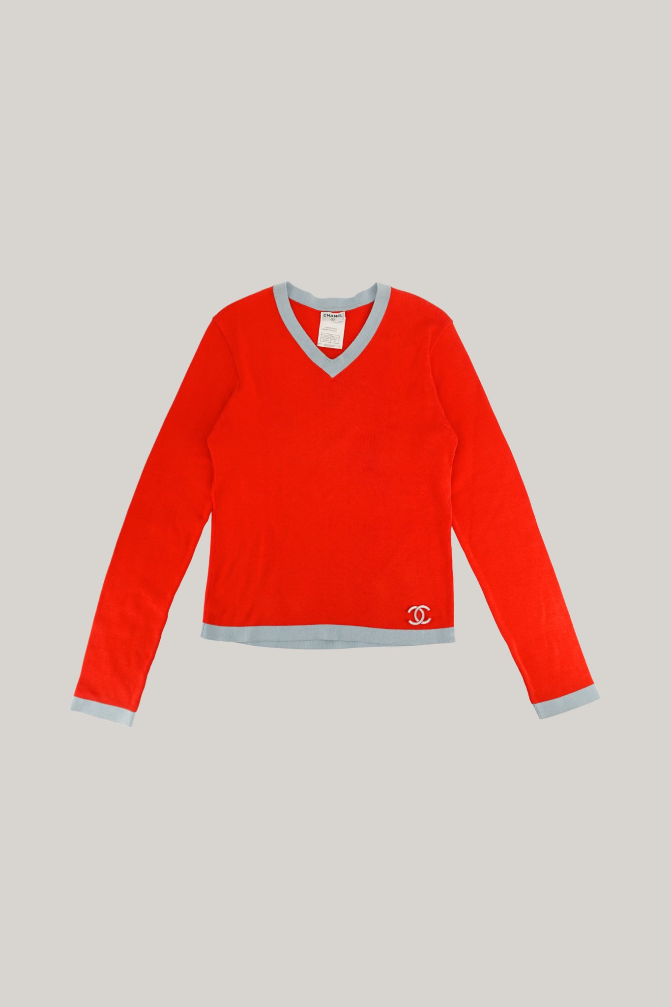2002 Chanel Summer Red V Neck Sweater (FR 42)