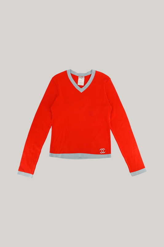 2002 Chanel Summer Red V Neck Sweater (FR 42)