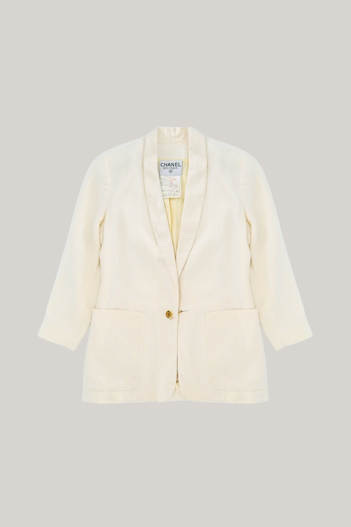 2019 Chanel Beige Linen Blazer with Gold CC Logo Buttons