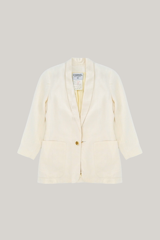 2019 Chanel Beige Linen Blazer with Gold CC Logo Buttons