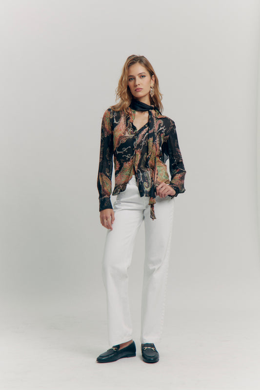 Roberto Cavalli Early 2000s Vintage Printed Tie-Neck Blouse