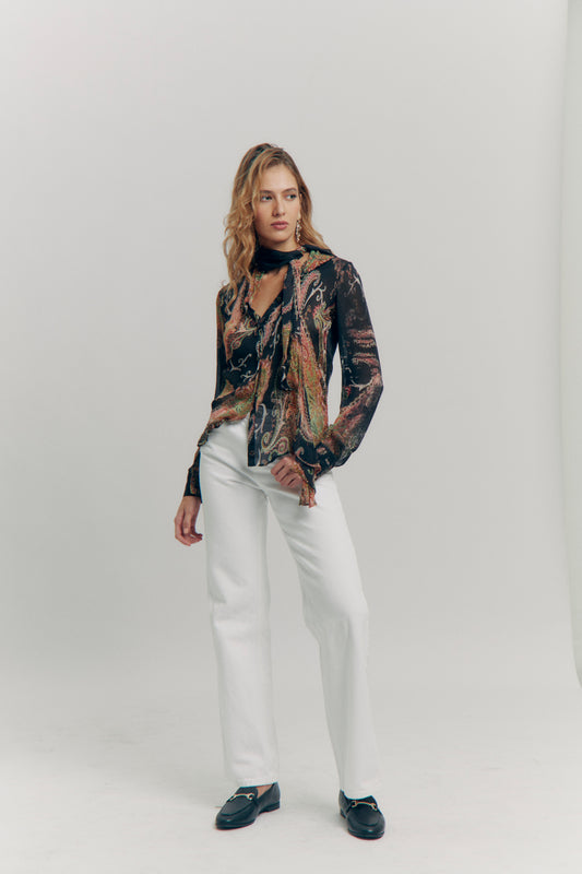 Roberto Cavalli Early 2000s Vintage Printed Tie-Neck Blouse