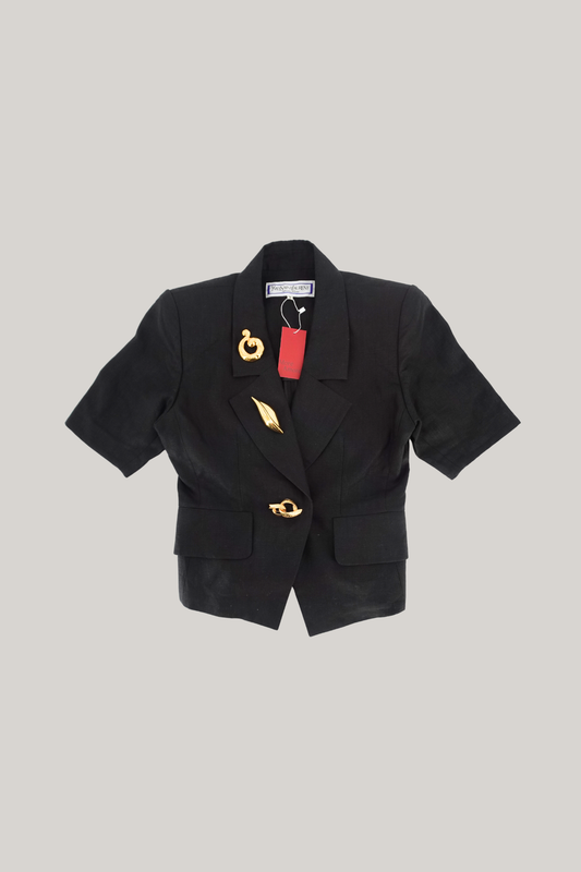 Yves Saint Laurent Black Cropped Blazer with Gold YSL Brooches Set (M)